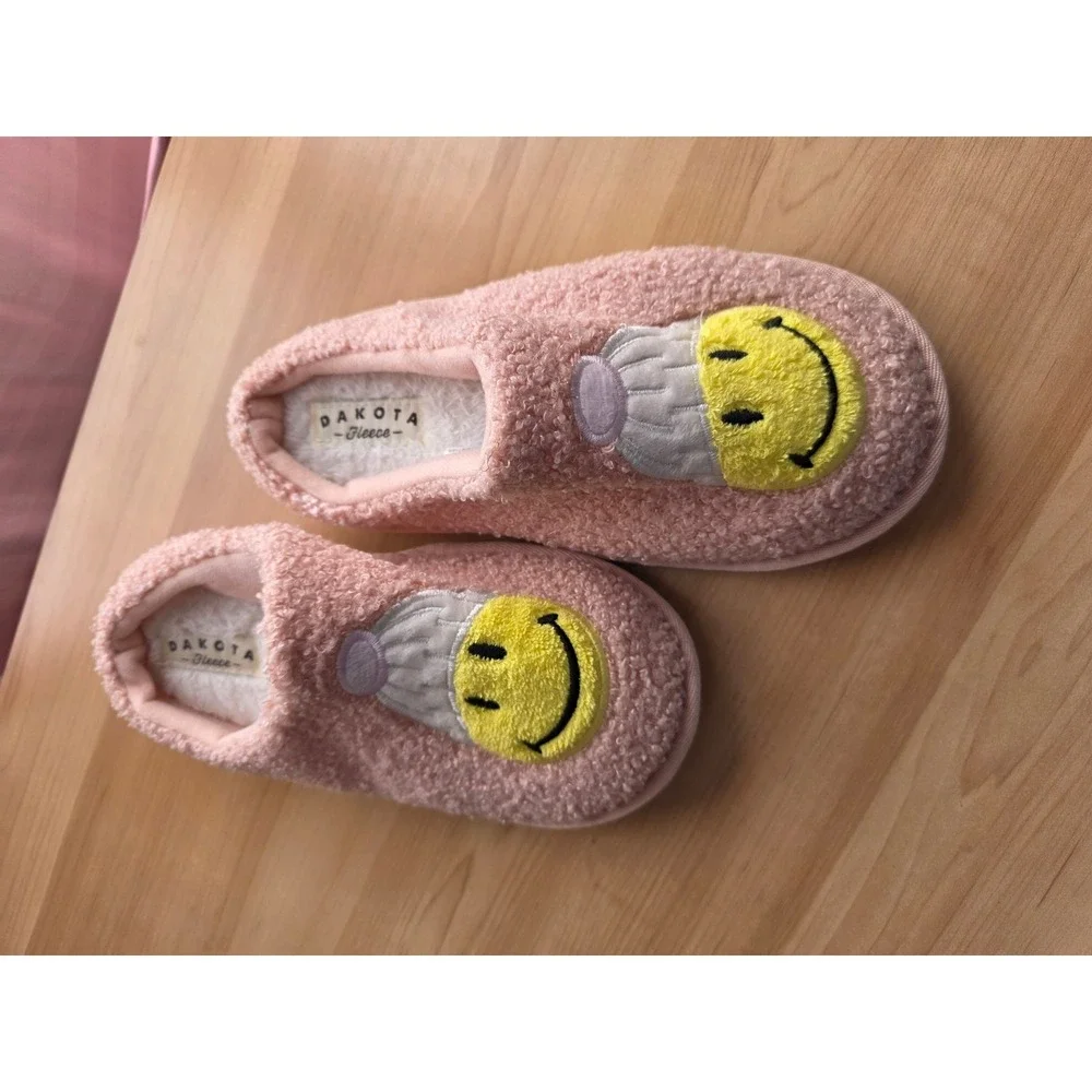 Dakota Fleece Kids Pink Sherpa Smiley Face Beanie Slippers House Shoes EUR 33/34
